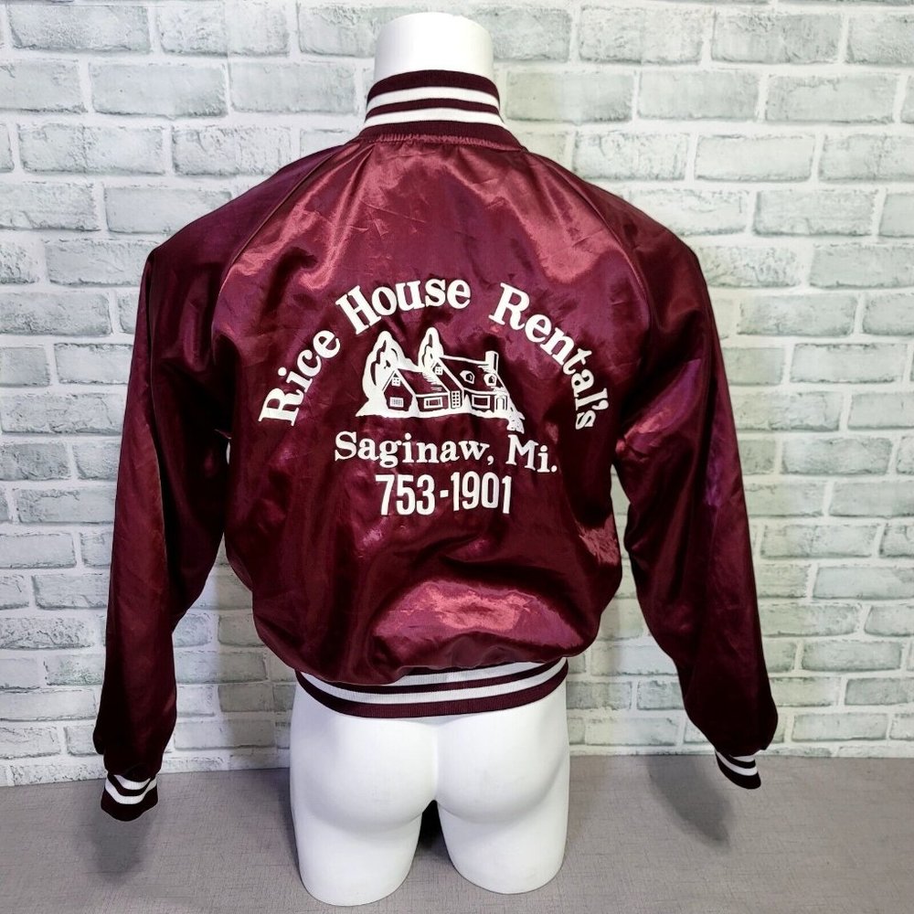 Vintage 80s Satins Varsity Jacket Mens L Burgundy Rice House Rentals Made in USA